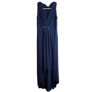 Michael Kors Womens XS Dress Maxi High Low Navy Blue Empire‎ Style Gold Accent